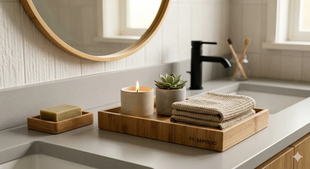 Decorative bamboo bathroom tray styled with a scented candle, a succulent, and hand towels