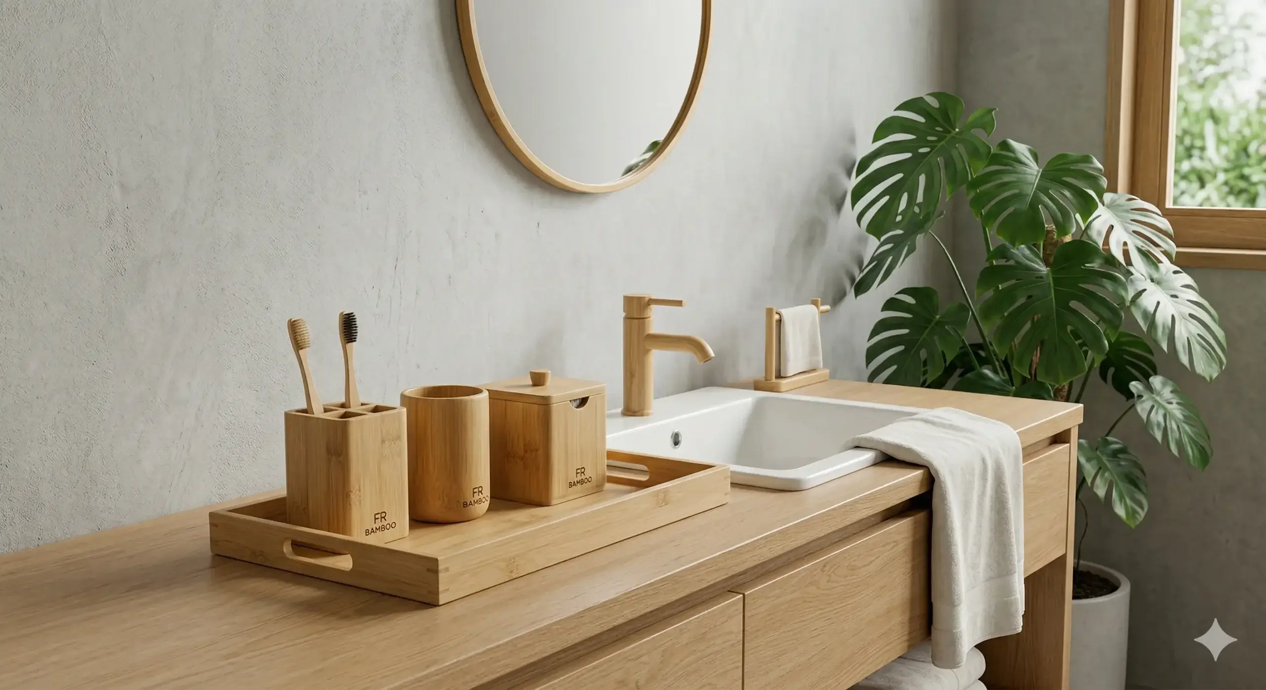 Eco-friendly bamboo bathroom accessories organized in a Japanese-style bathroom
