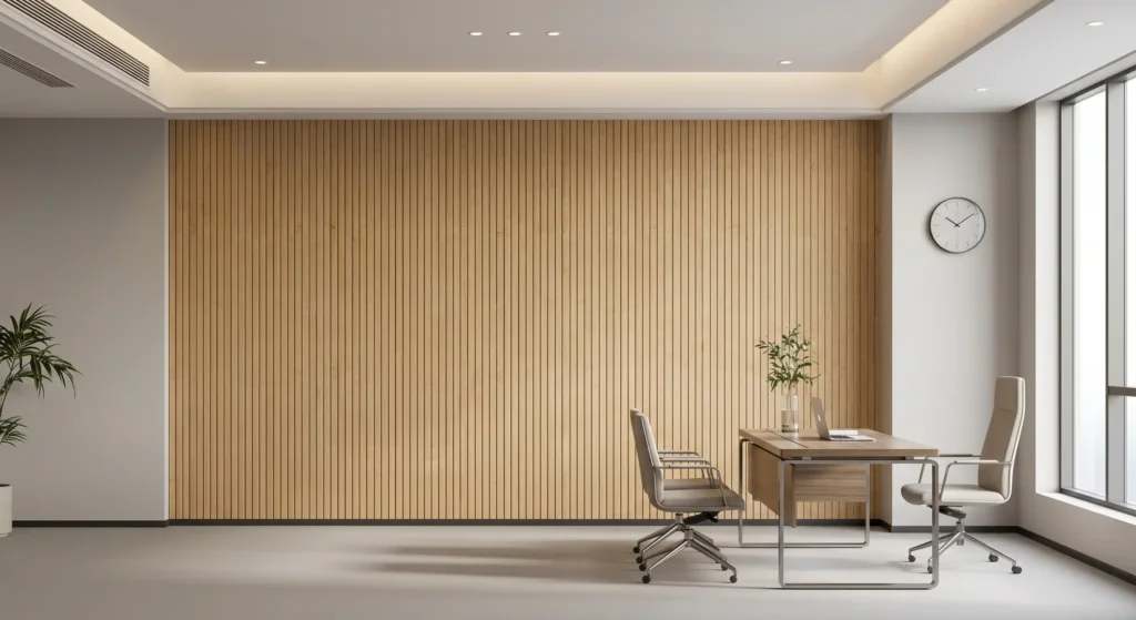 Minimalist modern office design with vertical side pressed bamboo board