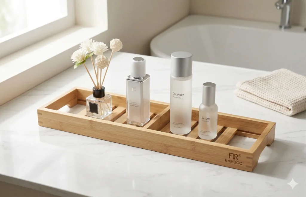 Minimalist natural bamboo bathroom tray on a white marble countertop with skincare bottles-2
